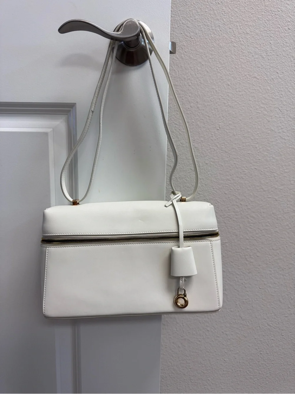 White Leather Shoulder Bag with Gold Accent Hardware